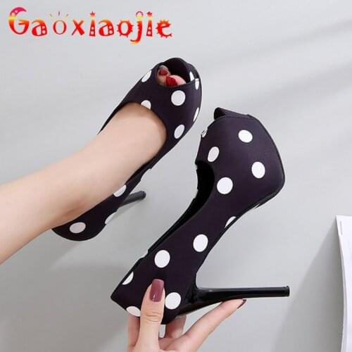 2021 New Retro Sexy Women Polka Dots Design Pumps Fashion Platform Summer Fish Mouth Stiletto Shoes 12CM 14CM Super High Heel