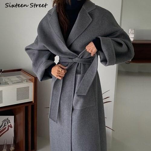 Winter Vintage Belt Wool Coat Woman Thicken Big Pocket Lace Up Oversized Long Jacket Female Autumn Kprean Street Gray Blends