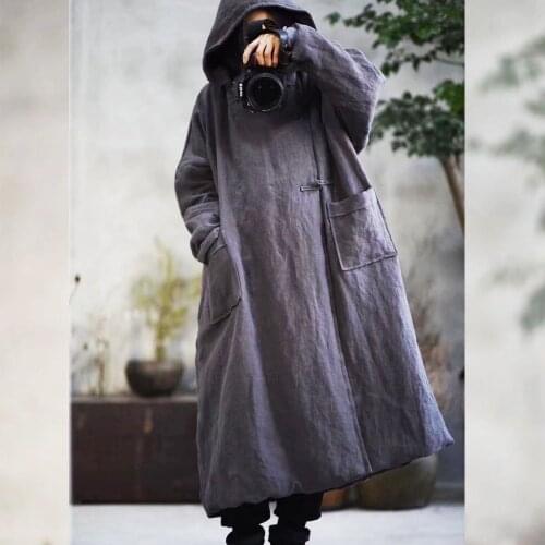Women Vintage Coat Outerwear Ladies Winter Padded Long Coat Overcoat Female Retro Topcoat Linen Thick Padded Hooded Parkas