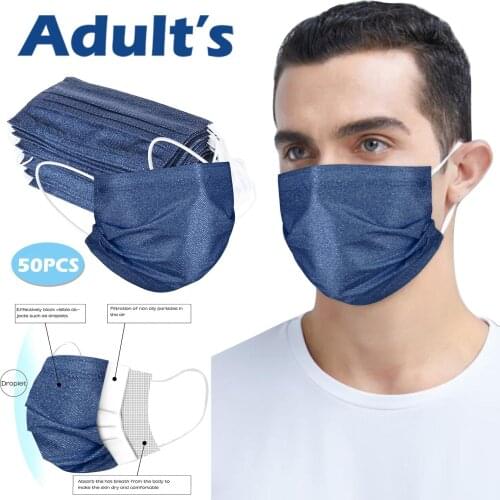50PCS Adults Solid Jeans Blue Disposable 3-Layer Disposable For Men mondkapjes mascarilla Monder Scarf Halloween Cosplay MasK