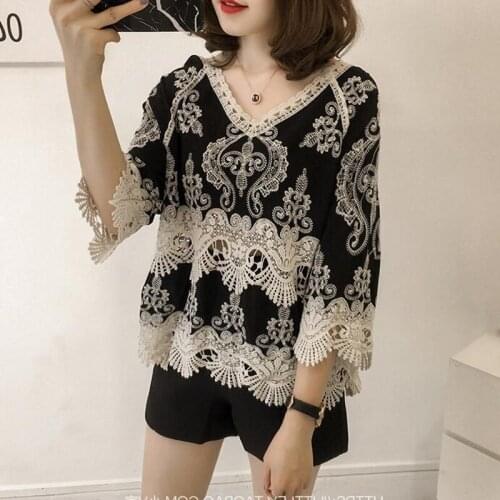 Blouse Women Lace Crochet Casual V Necke Solid Top 2019 Autumn Bohemian Lace-up Shirt Blusas Femme Work Shirts Plus Size