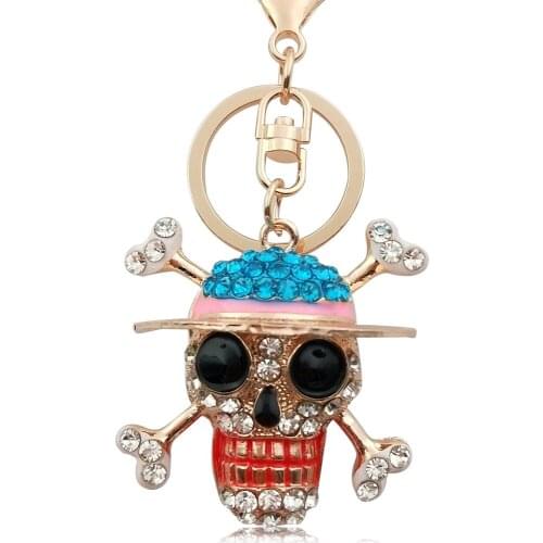 5*5CM Pirate Skull Keychain Crystal Rhinestone CZ Key Chain Anime One Piece Keyring Women Purse Jewelry Charm Pendant Key Holder