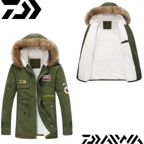 Daiwa Parka Men Winter Jacket Thick Slim Fur Hooded Outwear Warm Coat Casual Solid Fishing Outwear Clothing Plus Size S-4XL