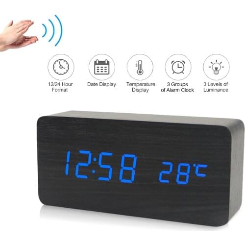 Electronic LED Digital Wooden Alarm Clock Time/ Temperature/ Date Display Desktop Clock 3 Levels Brightness Voice Control