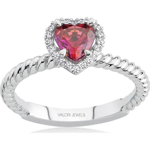 Valori Jewels 0.75 Carat, Zirconia Red Heart Gemstone, Rhodium Plated, Sterling Silver Solitaire Ring