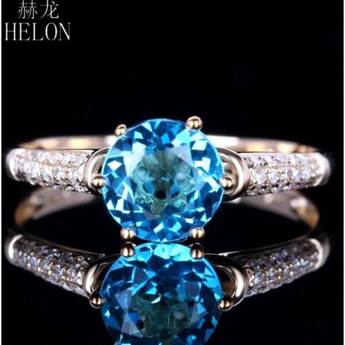 HELON Solid 14K Yellow Gold For Women Blue Topaz Ring 100% Genuine Natural Diamond Ring Romantic Gift Engagement Wedding Jewelry