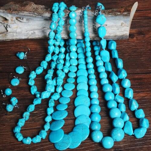 Ethnic Party Wedding Necklace Set Simple Dangles Earrings Blue Howlite Stone Turquoises Necklace Set Boho Women Jewelry Sets
