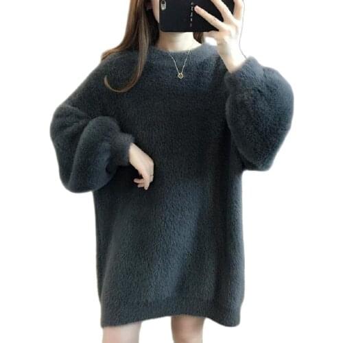 Korean Fashion Winter New Sweater Woman 2021 Knitted Imitation Mink Fleece Sweater Dress Loose Bottoming Shirt Female Trend