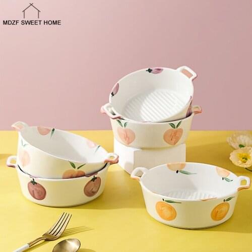 6.6in Round Baking Pan Fruit Pattern Bakware With Handle Cooking Baked Potato Chicken Microwave Oven Safe Kitchen Salad Bowl