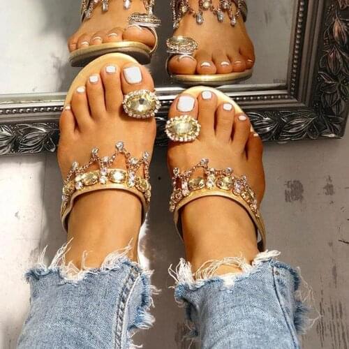 Summer Womens Ladies Fashion Crystal Outdoor Toe Ring Slippers Thick Heel Party Shoes Slides Flip Flops Zapatos De Mujer#35