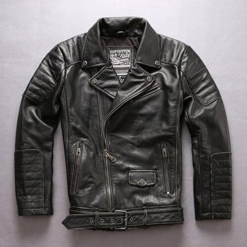 Mens vintage motorcycle with belt pattern lapel zipper cow leather coat men slim fit rivet biker jacket male