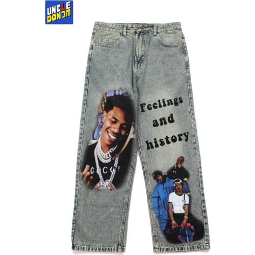 UNCLEDONJM Character print distressed men jeans streetwear Harajuku baggy jeans hip hop cargo jeans mens loose jeans 2296