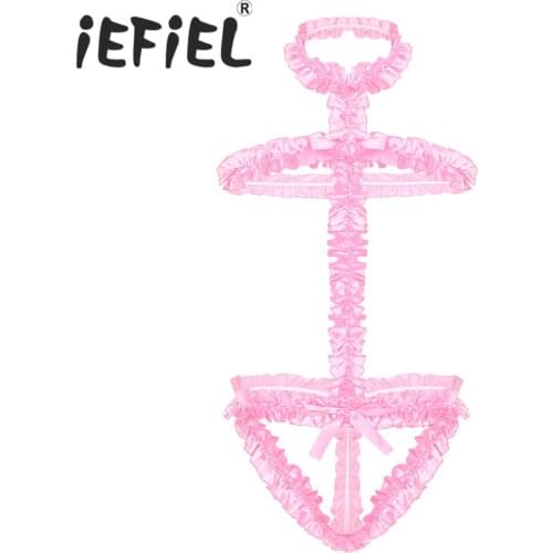 New Arrival Male Mens Adult One Piece Halter Neck Open Back and Cut Out Ruffled Frilly Sissy Bodysuit Lingerie Underwear Suits