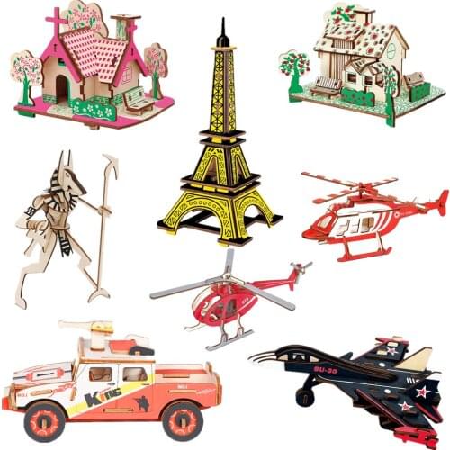 3D Wooden Puzzle Toys Jigsaw Architecture House DIY Manual Assembly Kit Kids Learning Educational Decoration for Children