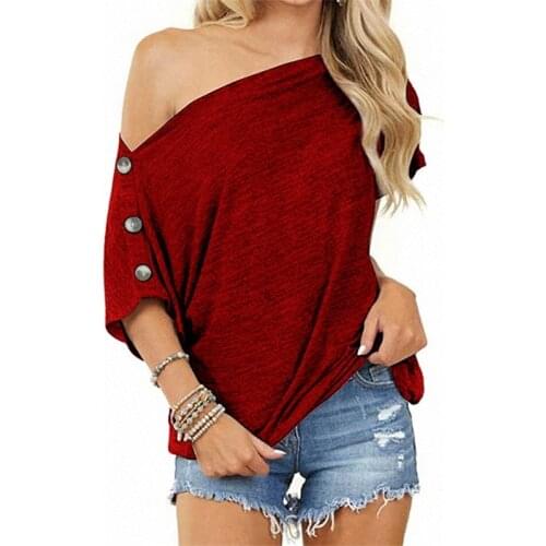 New Women Off The Shoulder Button Short-Sleeved T-Shirts Solid Color Tops Ladies Fashion Loose One Word Collar Casual T-Shirt