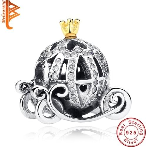 Wholesale Fashion 925 Sterling Silver european Cinderella Pumpkin Carriage Charms Gold Crown fit BE Original Bracelets