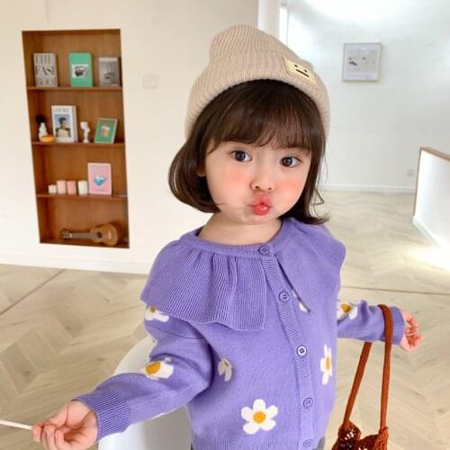 Autumn Winter baby girls cute daisy knitted sweaters warm long sleeve jacquard weave cardigan