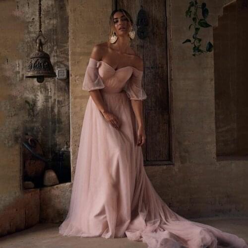 Eightree Blush Wedding Dress Beach Boho Puff Sleeves Tulle Princess Bridal Dress Off Shoulder Elegant Custom Size Wedding Gowns