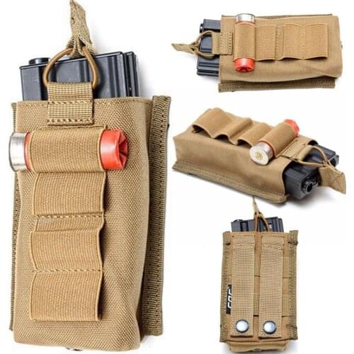 Magazine Holder Tactical Molle Compatible Single Stacker Open-Top Pistol Mag Pouch with 4 Rounds 12G Shotshell Holder for M4 M16