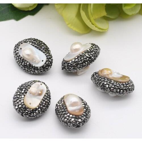 2pcs/lot 20x25mm Freshwater Cultured White Keshi Pearl Irregular Oval shape Trimmed With Crystal Zircon Making DIY