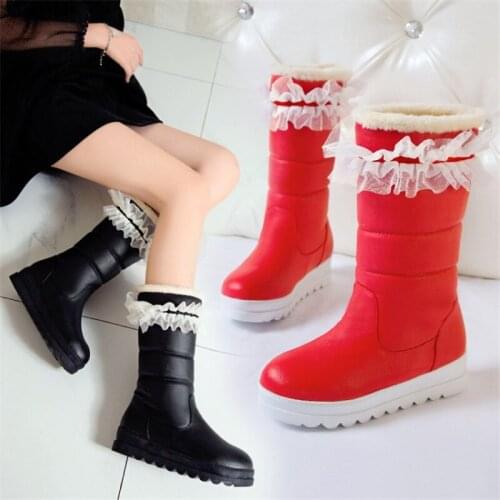 PXELENA kawaii Ruffles 2020 Winter Warm Mid Calf Boots Flat Platform Non Slip Casual Comfort Snow Boots Girls Shoes Plus Size 44
