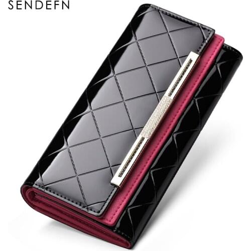 Sendefn fashion patent leather women wallets long plaid lady clutch purse credit card phone holder