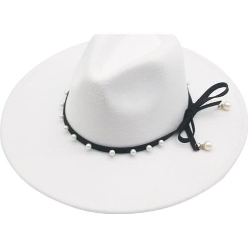 Fedora hats big brim 9.5cm white black pearl band elegant women hats outdoor winter summer dress wedding fashionable women hats