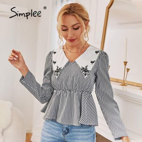 Simplee Vintage plaid peter pan collar women blouse autumn Holiday long sleeve ladies blouse shirt Fashion ruffle cute short top