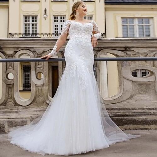 Latest Plus Size Gorgeous Long Sleeves Bridal Wedding Gowns Mermaid Wedding Dress for Bride Illusion Jewel Neck Beading Applique