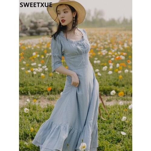 SWEETXUE 2021 Women Summer Fashion Vintage Elegan Tromantic Square Neck Ruffle Temperament Dress Sweet Chic Party Female Vestido