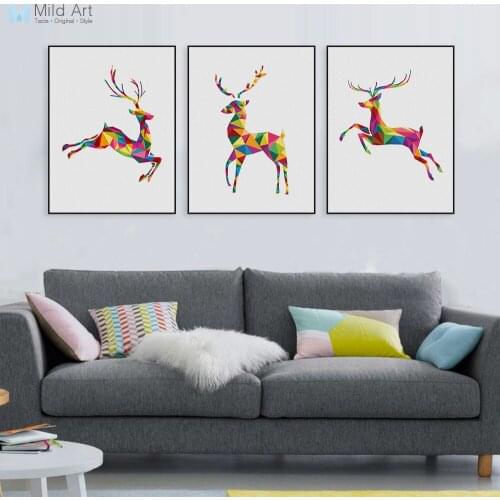 Triptych Modern Abstract Geometric Animals Deer Christmas Gift Canvas A4 Print Poster Wall Pictures Home Decor Painting Custom