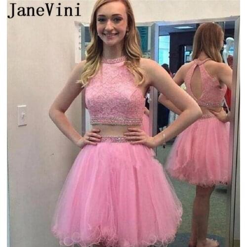 JaneVini Abiti Con Tulle Homecoming Dresses 2019 Short Pink Two Pieces Beaded Party Gowns Lace Beading Prom Graduation Dress