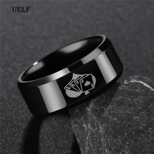 Uelf Trendy Spades Poker Ring Band Men Ring Stainless Steel Black Spades Poker Finger Ring wholesale anel