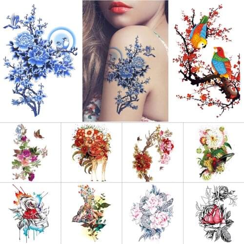 Flower temporary tattoo stickers Red rose peony clock Waterproof tattoo Blue gold plant Body art tattoo for women