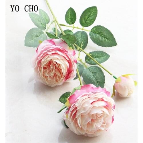 YO CHO 3 Heads Yellow White Peonies Artificial Flowers Silk Flowers Rose Artificial Flower Wedding Decor for Home Fake Peonies