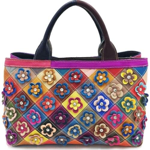 2020 Womens Leather Bags Vintage Flower Color Block Womens Cow Leather Bag Hand Carrying and Shoulder Carrying Aslant Bags