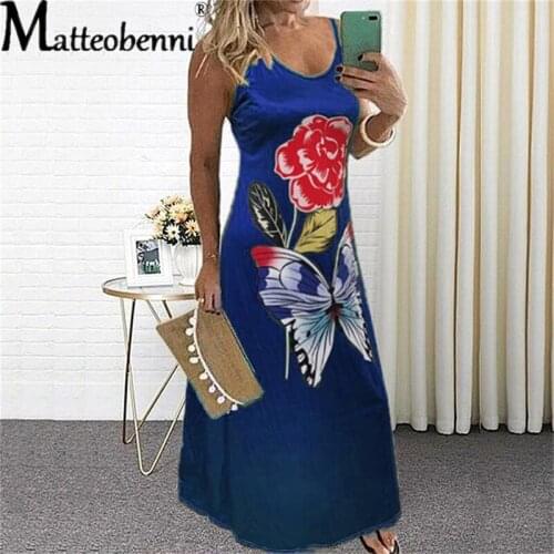 Sleeveless Long Dress 2021 Casual Beach Women Summer Dress Lady V Neck Flowers Butterfly Printed Dresses Elegant Womens Dress