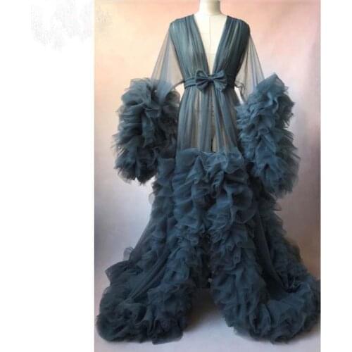 See Thru Ruffles Tulle Long Women Robe Full Sleeves Ruffles Tiered Tulle Prom Gowns For Pregnant Party Dress Kimono