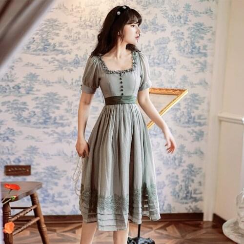 2021 Summer New Women French Retro Square Collar Dress Short Sleeve Stitching Lace Ruffled Sweet Midi Dress Female Y1507