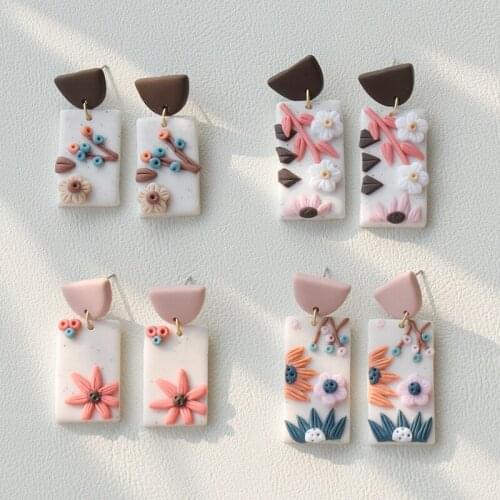 1Pair 2021 Bohemia Handmade Ceramic Clay Flower Geometric Rectangle Semicircle Drop Earrings For Women Jewelry Gifts