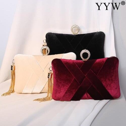 Clutch Bag Velvet Women Evening Party Handbag Tassel Elegant Wedding Purse With Chain Gold Red Black Vintage Female Evening Bag