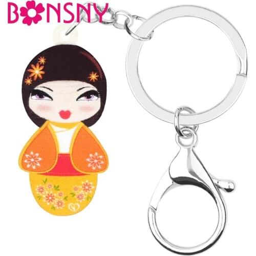 Bonsny Acrylic Yellow Japanese Doll Keychains Keyring Sweet Girls Key Chain Jewelry For Women Kids Girlfriends Gift Accessories