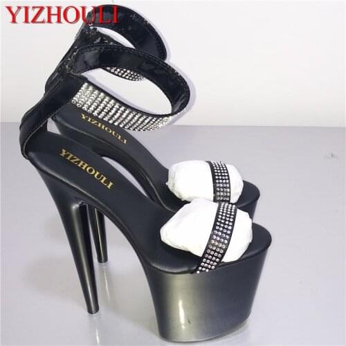 High heel height 20 cm high heel, black water drill sandals, model runway show sandals performance Dance Shoes
