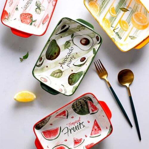 Household tableware Baking bowl Binaural Baking Pan Oven dish plate Underglaze Fruit elements Kitchenware Eight inches Ceramics