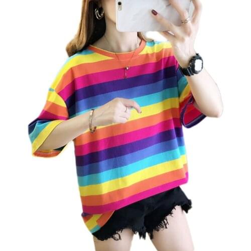 Rainbow Stripes TShirt Casual O-Neck Short Sleeve Tshirt Fashion Streetwear New Christmas Shirt Plus Size Kawaii Womens Clothing