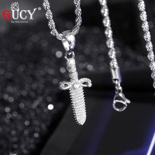 GUCY Mens Hip Hop Jewelry 925 Sterling Silver Cool Sword Pendant Necklace Micro Pave CZ Stones Pendants Necklaces Gift