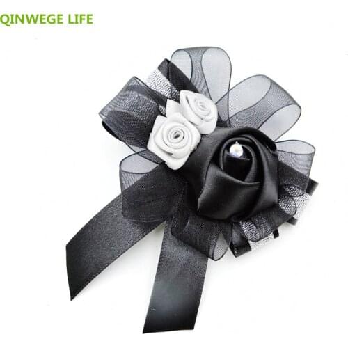 4PCS Customize Handmade Fabric Artificial Rose Boutonniere Bride Corsage Wrist Flower Wedding Party Church Decor Black