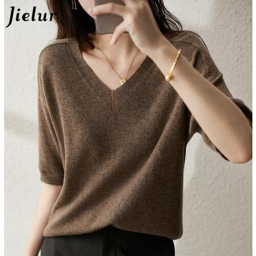 Jielur Solid Colour Knitted Womens Sweater Short-Sleeved Ladies V-Neck Cotton Pullover Korean Bottoming Shirt Sweater Summer