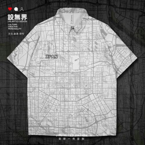 Chinese China Shaanxi Xi'an City Map Chang'an Terracotta Army Short-Sleeved shirt clothing button up Shirts Clothes Summer