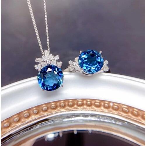 Luxury 925 Sterling Silver London Blue Stone Sapphire Created Moissanite Gemstone Party Ring Pendant Necklace Jewelry Set 2Pcs